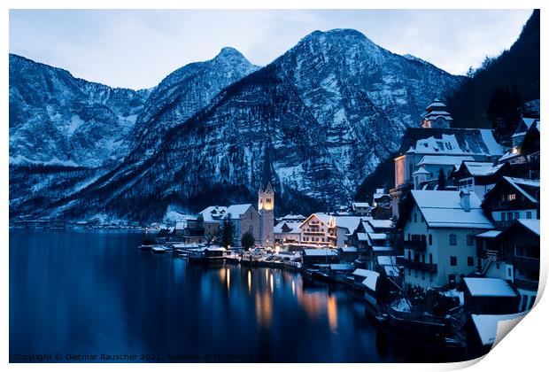 Hallstatt Cityscape on a Winter Evening Covered with Snow Print by Dietmar Rauscher