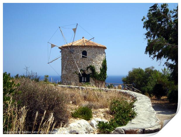 Greek old windmill Print by Paulina Sator