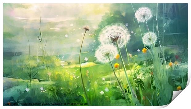 Dandelions on a green meadow Print by Paulina Sator
