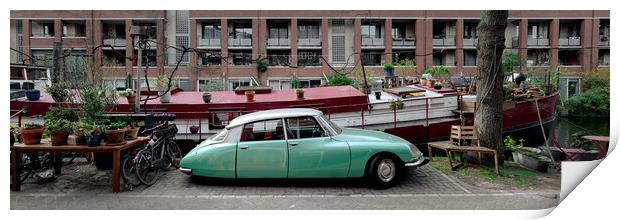 Classic citreon car and canal boathouse Amsterdam Print by Sonny Ryse