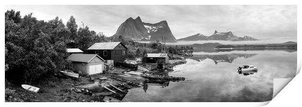 Efjord Norwegian Boathouses Black and white Nordland Norway Print by Sonny Ryse