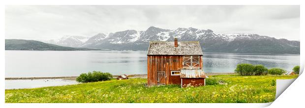 Red Norwegian Farmhouse Lyngen Alps Fjord Troms Norway Print by Sonny Ryse