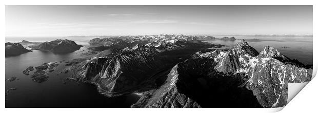 Vagakallen and Kvanndalstinden mountains aerial Lofoten Islands Norway black and white Print by Sonny Ryse