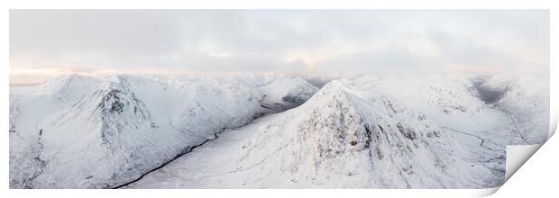 Buachaille Etive Mòr Stob Dearg mountain covered in snow aerial Glencoe Scotland Print by Sonny Ryse