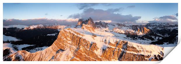 Seceda Alm Ridgeline aerial at sunset in Winter Dolomites Italy Print by Sonny Ryse