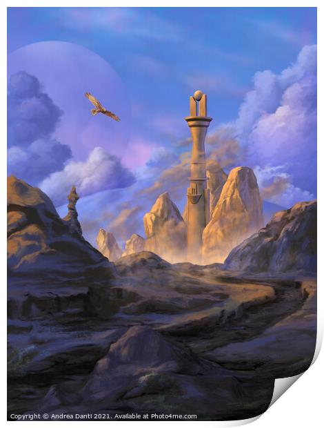 Fantasy landscape with tower Print by Andrea Danti