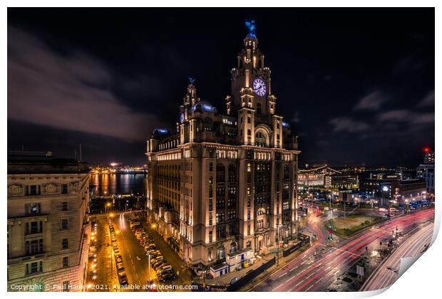 Dramatic shot of the Royal Liver Building and the Liverpool skyl Print by Paul Hanley