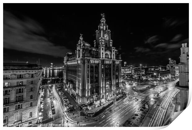 Dramatic shot of the Royal Liver Building and the Liverpool skyl Print by Paul Hanley