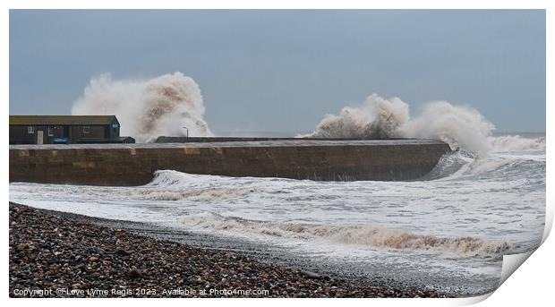 Huge waves crashing against the Cobb Storm Ciaran Lyme Regis Print by Love Lyme Regis