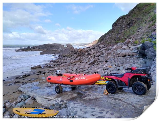 Heroic RNLI Lifesavers Rescue in Whitsand Bay Print by Antony Robinson