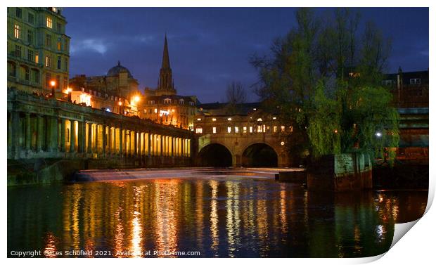 A Night of Reflections on Pulteney Bridge Print by Les Schofield
