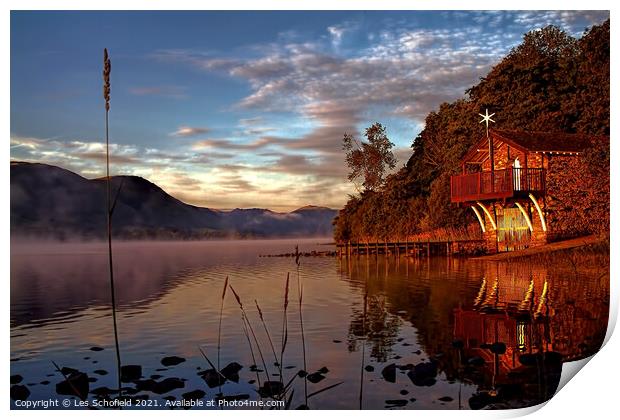 Ullswater Boathouse Sunrise Print by Les Schofield