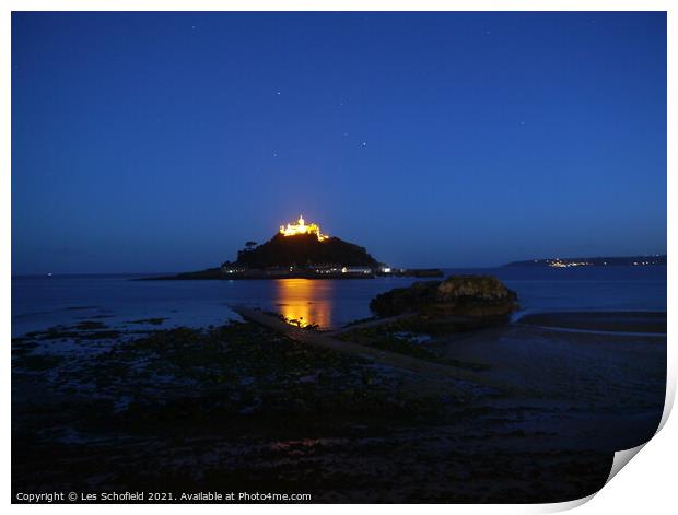 St Micheal's Mount Night Scene Cornwall  Print by Les Schofield
