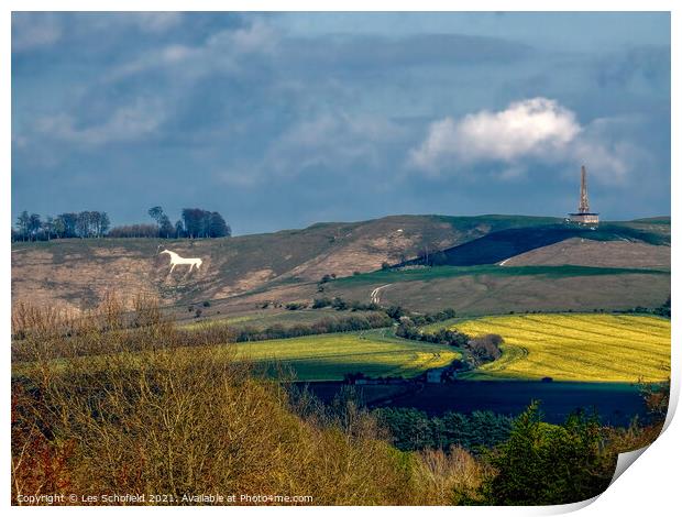 Majestic White Horse and Ancient Monument Print by Les Schofield