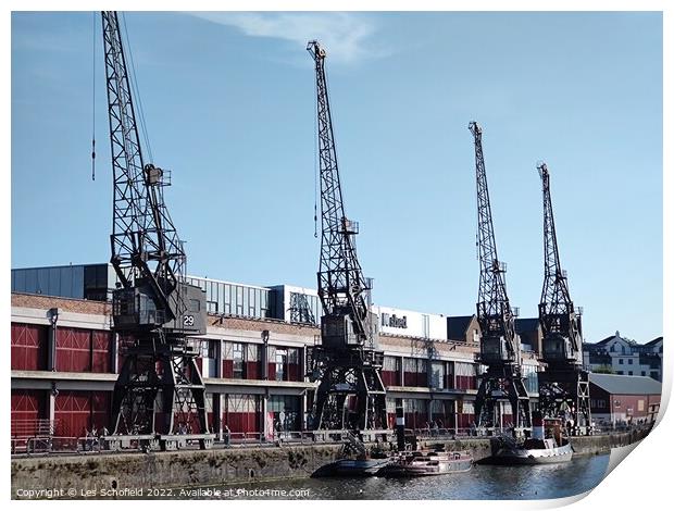 The cranes of Bristol docks Print by Les Schofield