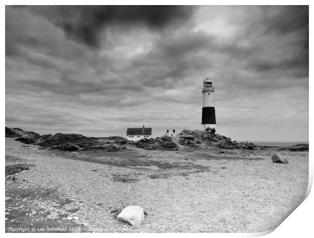 Portland Bill Dorset mono Print by Les Schofield