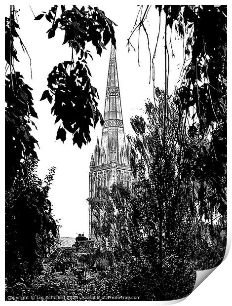 Majestic Salisbury Cathedral in Monochrome Print by Les Schofield