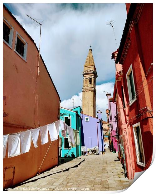 The Enchanting Leaning Tower of Burano Print by Les Schofield