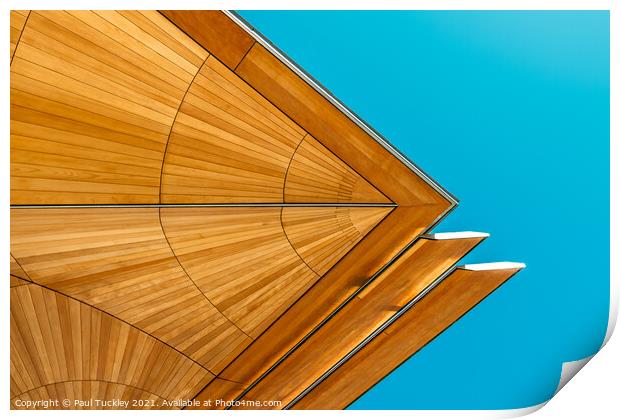 Abstract view of roof structure against blue sky.  Print by Paul Tuckley