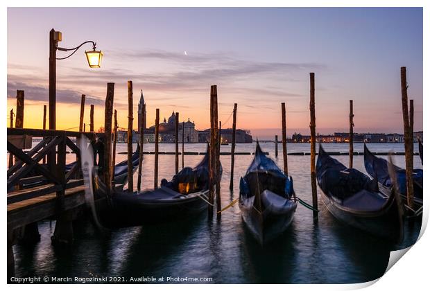 Gondolas at dawn in Venice  Print by Marcin Rogozinski