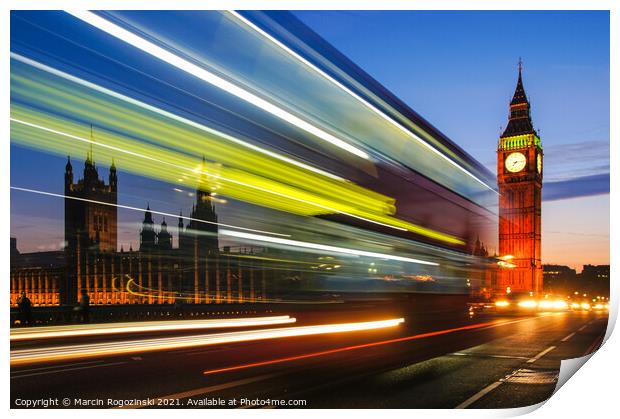 Light trails left by double decker bus passing by Big Ben in London UK Print by Marcin Rogozinski