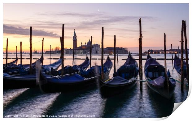 Venetian gondolas at sunrise in Venice Italy Print by Marcin Rogozinski