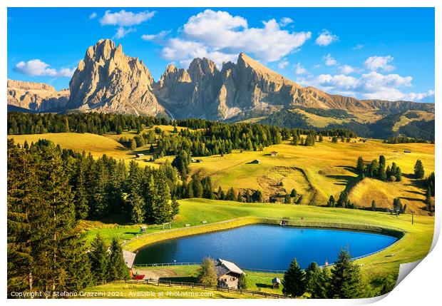 Lake and Mountains in Alpe di Siusi Print by Stefano Orazzini