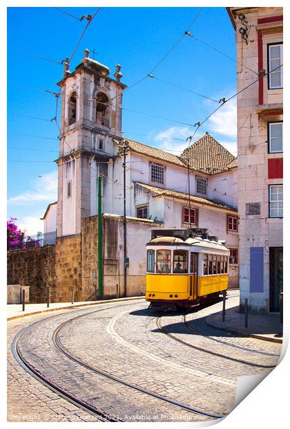 Lisbon tram in Alfama district, Portugal Print by Stefano Orazzini