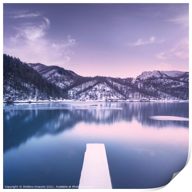 Gramolazzo iced lake and snowy pier in Apuan mountains. Italy Print by Stefano Orazzini