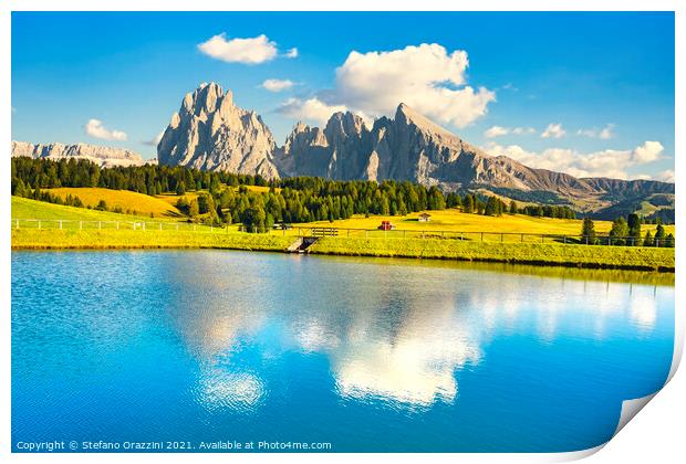 Lake and mountains, Alpe di Siusi, Dolomites Print by Stefano Orazzini