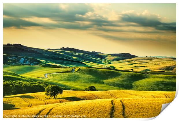 Tuscany, rolling hills and wheat fields in Val d'Orcia  Print by Stefano Orazzini
