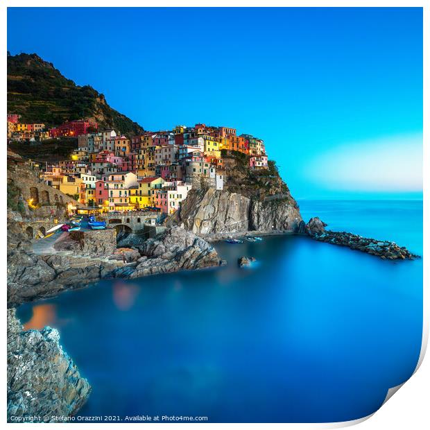 Manarola village, rocks and sea. Cinque Terre, Italy Print by Stefano Orazzini