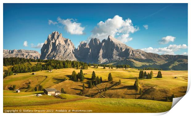 Alpe di Siusi or Seiser Alm and Sassolungo mountain, Dolomites Print by Stefano Orazzini