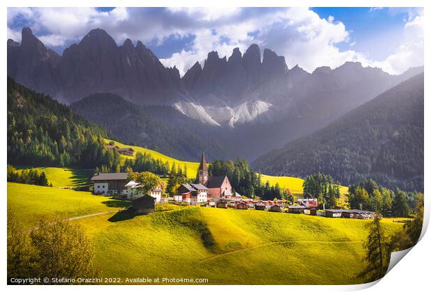 Dolomites Alps, Santa Magdalena village and Odle mountains Print by Stefano Orazzini