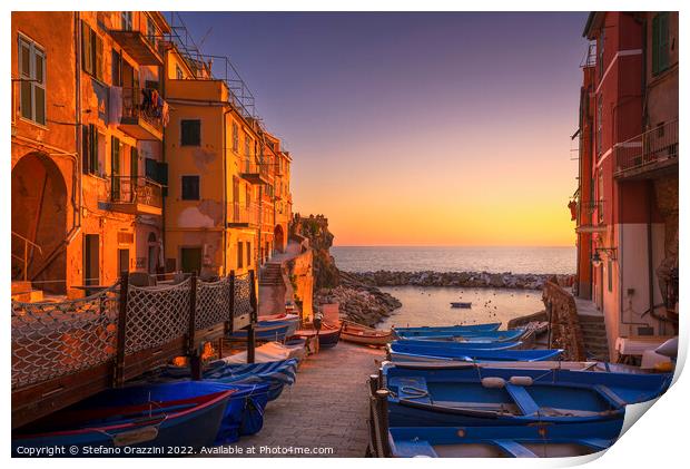 Riomaggiore boats in the street at sunset. Cinque Terre Print by Stefano Orazzini
