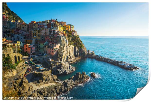 Manarola, village on the rocks, on a clear day. Cinque Terre Print by Stefano Orazzini
