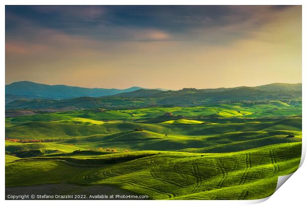 Springtime in Tuscany, rolling hills at sunset. Volterra. Print by Stefano Orazzini
