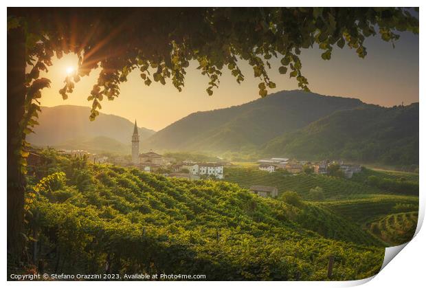 Prosecco Hills, vineyards and Guia village at dawn. Unesco Site. Print by Stefano Orazzini