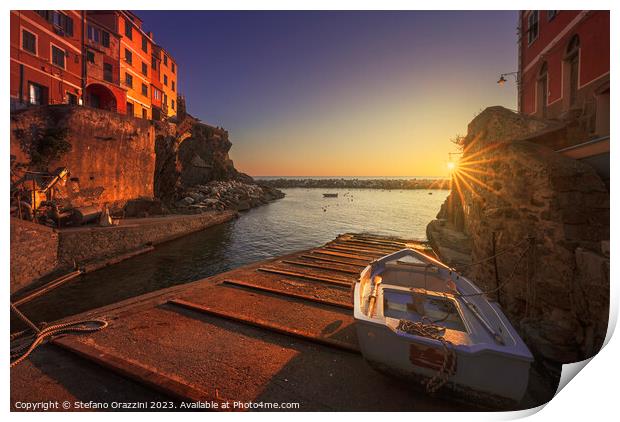 Riomaggiore village, a boat in front of the sea. Cinque Terre Print by Stefano Orazzini