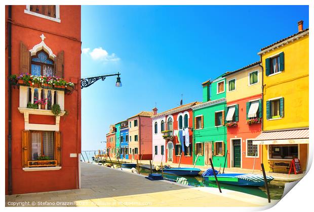 Burano island canal, colourful houses and boats. Print by Stefano Orazzini