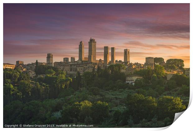 The towers of the village of San Gimignano at sunset. Tuscany, Italy Print by Stefano Orazzini
