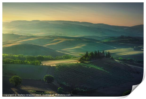 The landscape of the Val d'Orcia at dawn. Tuscany Print by Stefano Orazzini