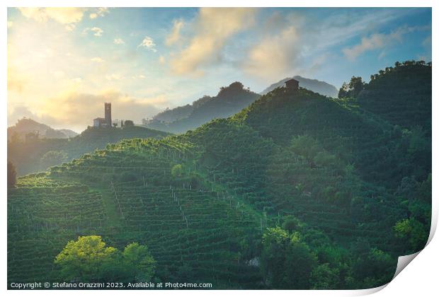 Prosecco Hills, vineyards and San Lorenzo church. Italy Print by Stefano Orazzini