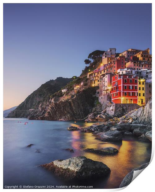 Riomaggiore town, cape and sea at sunset. Cinque Terre, Liguria, Print by Stefano Orazzini