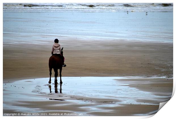 Horse and Rider On Sand Beach France Print by Malcolm White