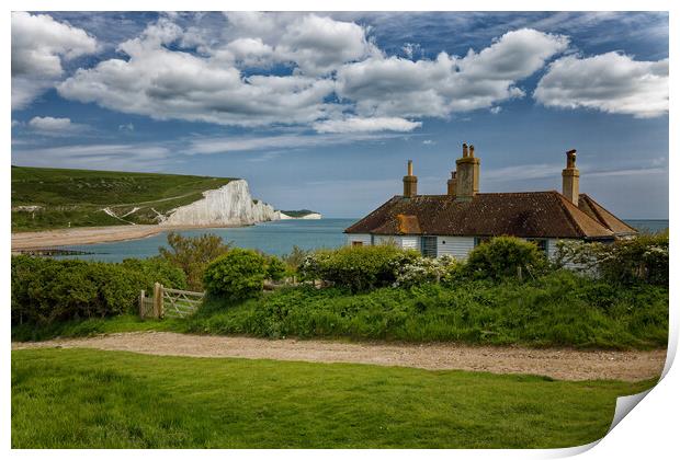Seven Sisters cliffs and the Coastguards Cottages Sussex Print by John Gilham