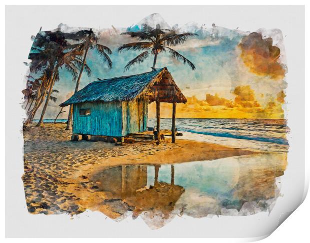 Beach Hut At Sunset Print by Artificial Adventures
