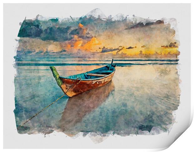 Fishing Boat At Sunset Print by Artificial Adventures