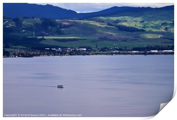 Tourist Boat cruising along Lake Rotorua Print by Errol D'Souza