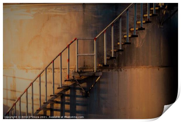 Golden glow on metal stairs outside an industrial  Print by Errol D'Souza